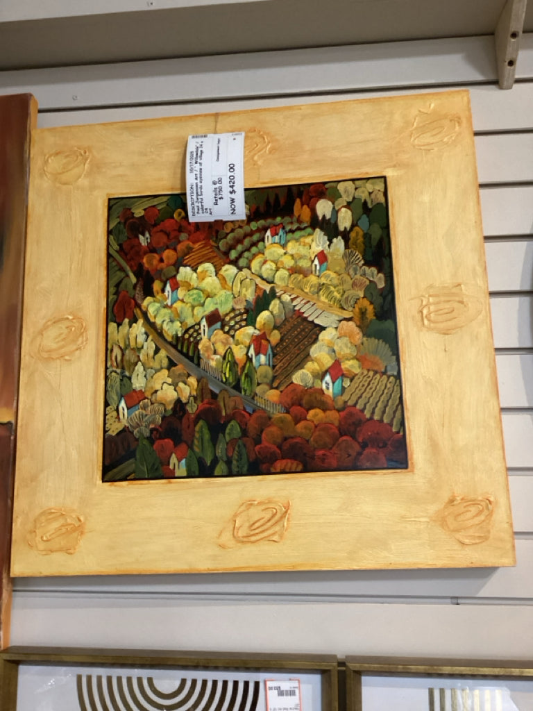 Paul Jorgensen Art / " Willowdale" / colorful birds eyeview of village 24 x 24