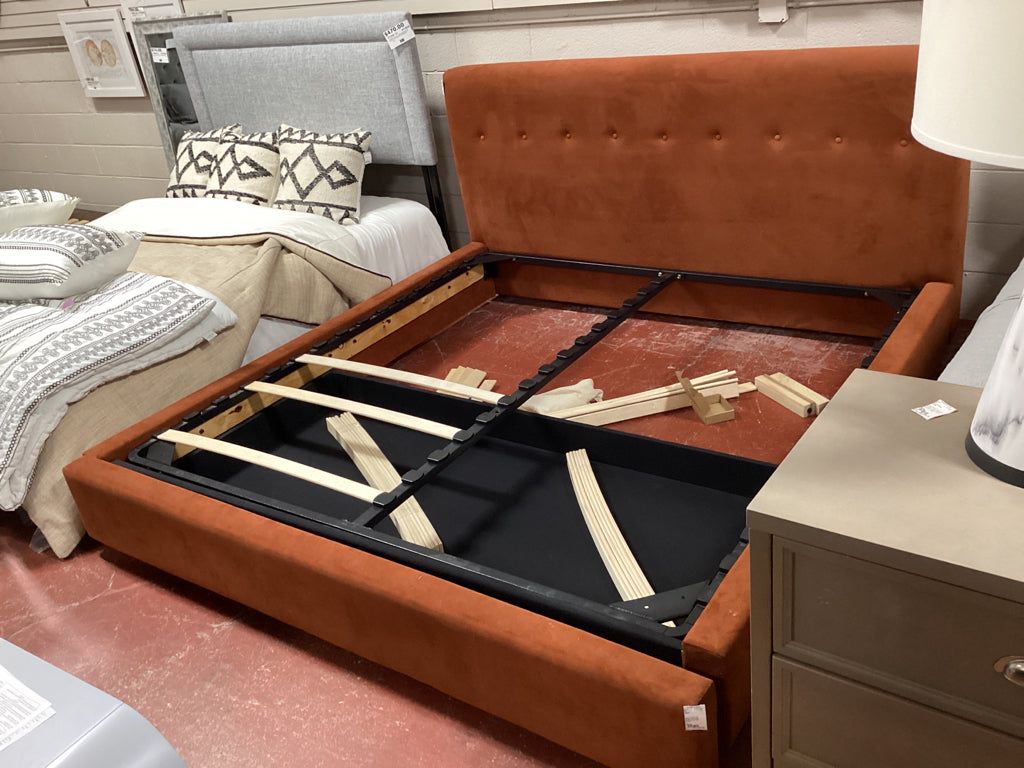 Joybird King Bed with storage/ burnt orange upholstered HB, frame, drawer