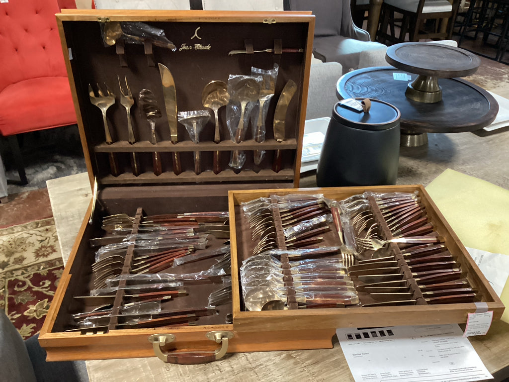 Vintage Jean-Claude Rosewood & Bronze 91 pc flatware set with case