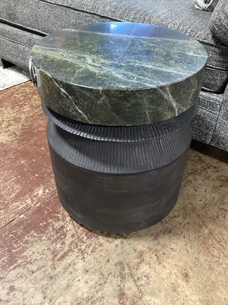 Modern Drum Accent Table with Faux-Marble Hand Carved Fluted Drum Design 17" X