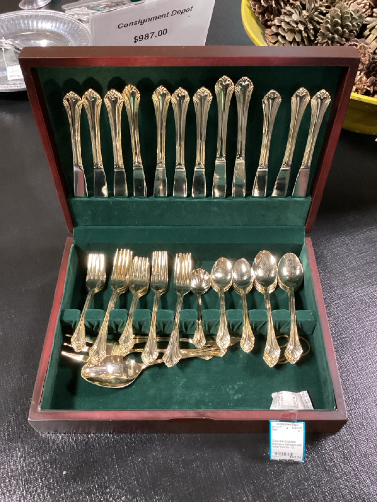Gold electroplate stainless flatware with case/ svs for 12