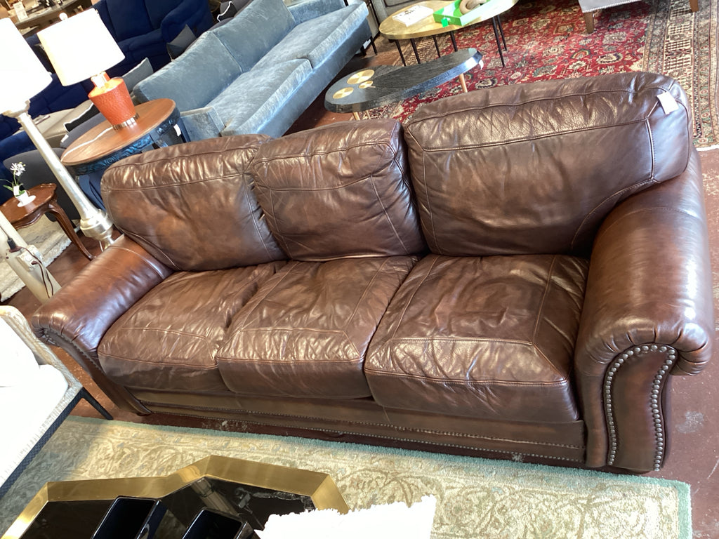 Brown Leather Sofa / Weathered 3 cushion w/ nail head trim 100 x 40 x 38 high