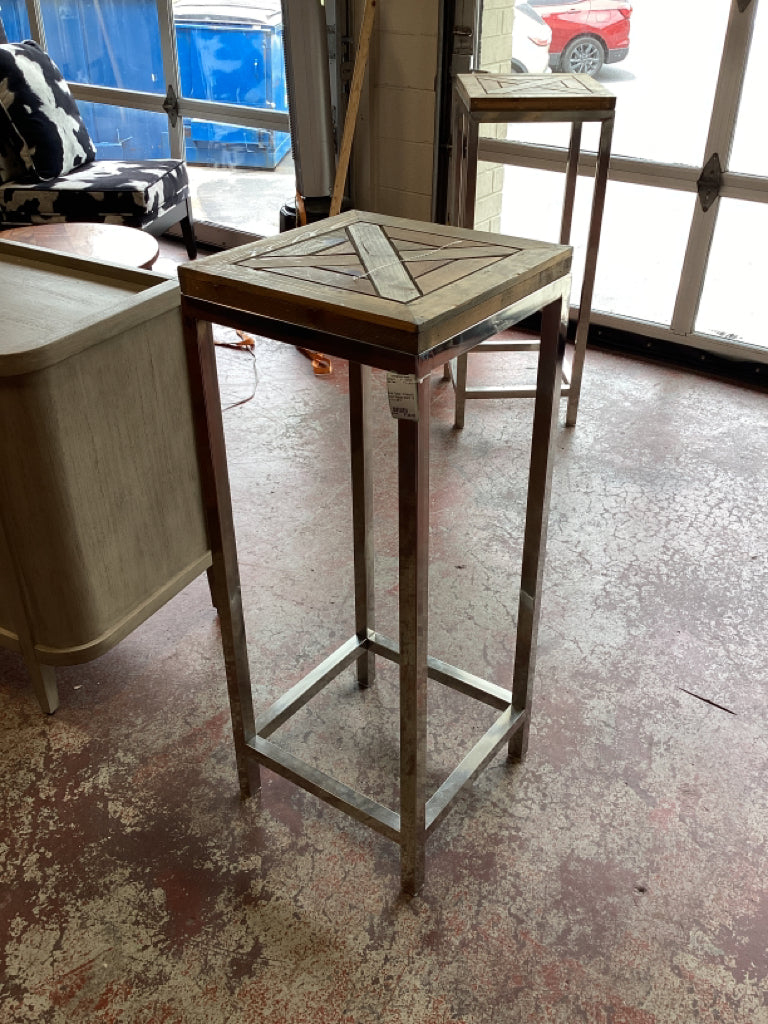 Side Table / chrome & wood display stand 16 x 16 x 39.5