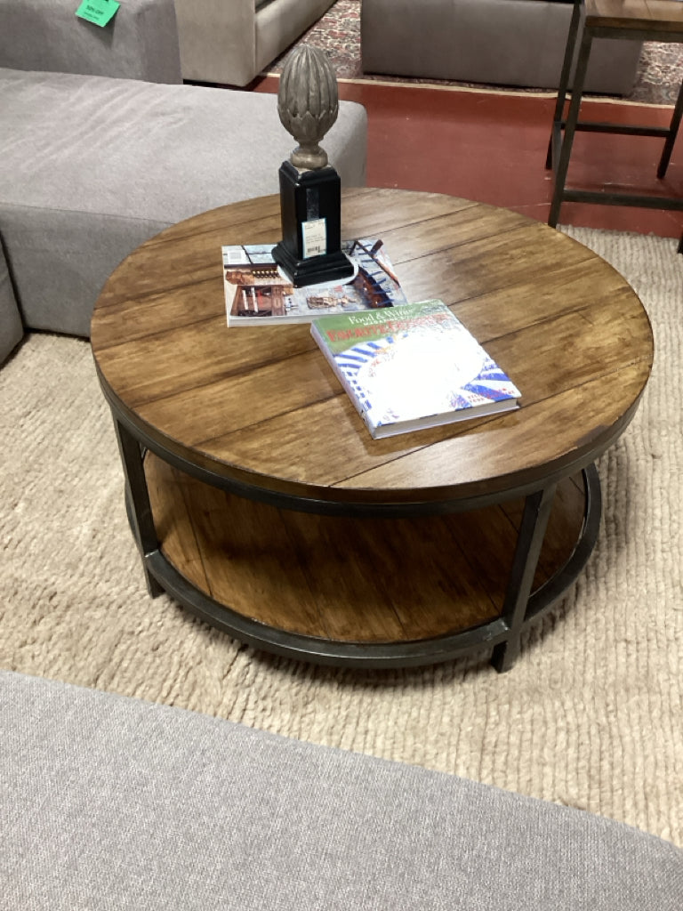 Ballard Designs Round Wood & Metal Coffee Table w/ Bottom Shelf 34"D x 18"H