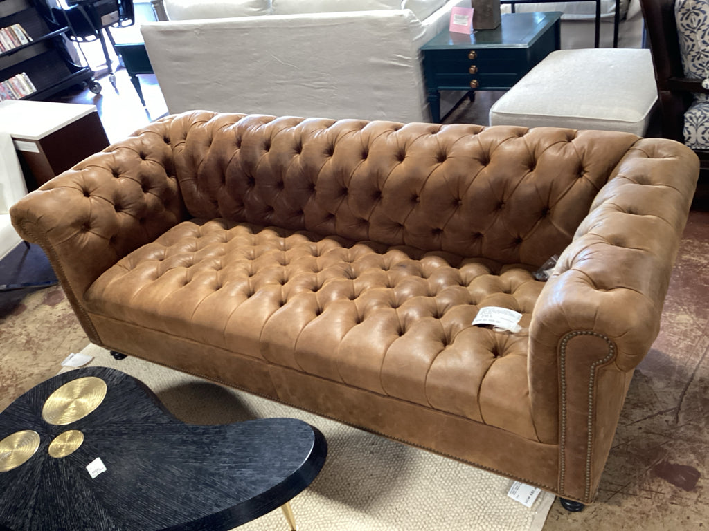 Arhaus Berwick Chesterfield Tufted Sofa in Tan Semi-Distressed Leather