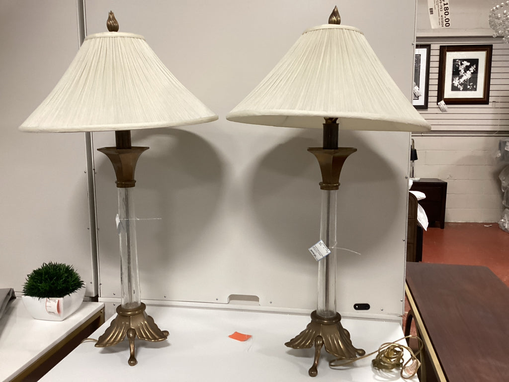 PAIR Brass and Glass Lamp with Pleated Shades 37"