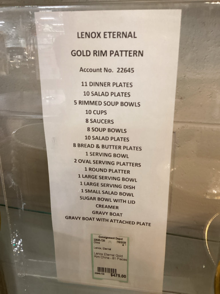 Lenox Eternal Gold Rim China - 81 Pieces
