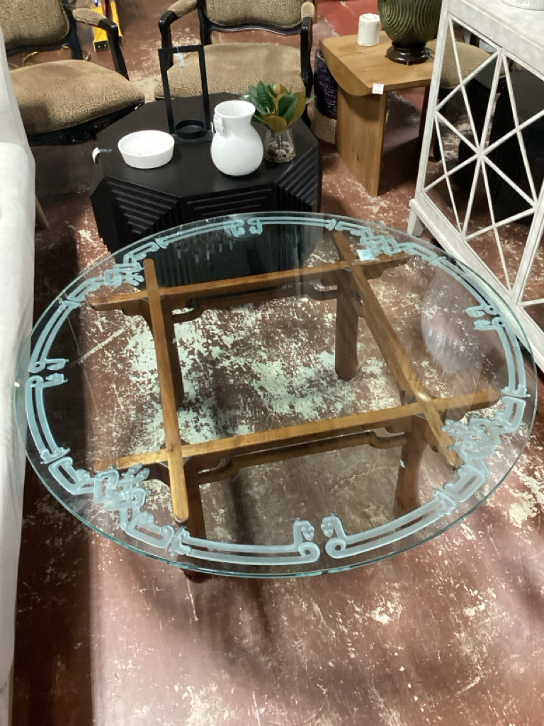Custom Made 48" Round Walnut Base with Custom Etched Glass Top