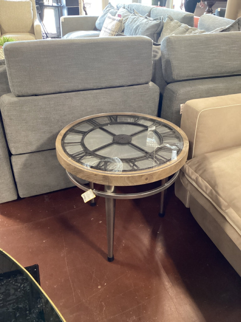 End Table / clock face 25" round, steel legs / acrylic top 23" high