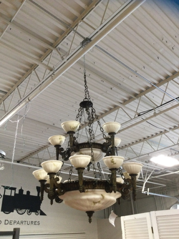 Museum Quality Neo Classical Alabaster & Bronze Chandelier 15 Light  45" X 40"