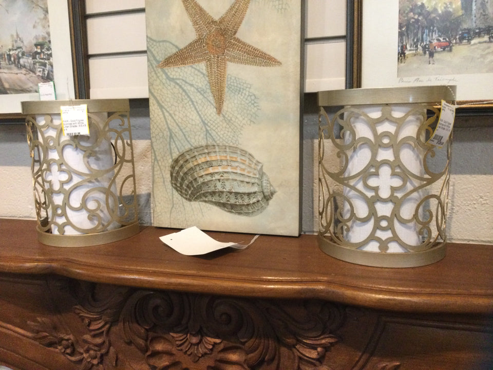 PAIR - Gold Filigree Sconces with White Linen Shade - 9.5 x 8 x 4