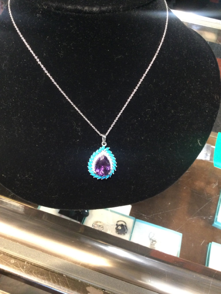 Amethyst , Turquoise and Diamond Pendant  Platinum over Sterling Silver