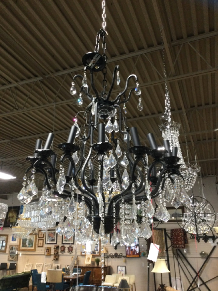 Wrought Iron 16 Light Chandelier w/Teardrop Crystals - 25W x 30H