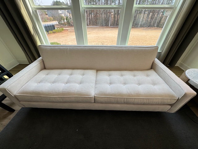 Rowe Furniture, cream tufted linen sofa, 2 cushion,wood legs, 84x34.5x30