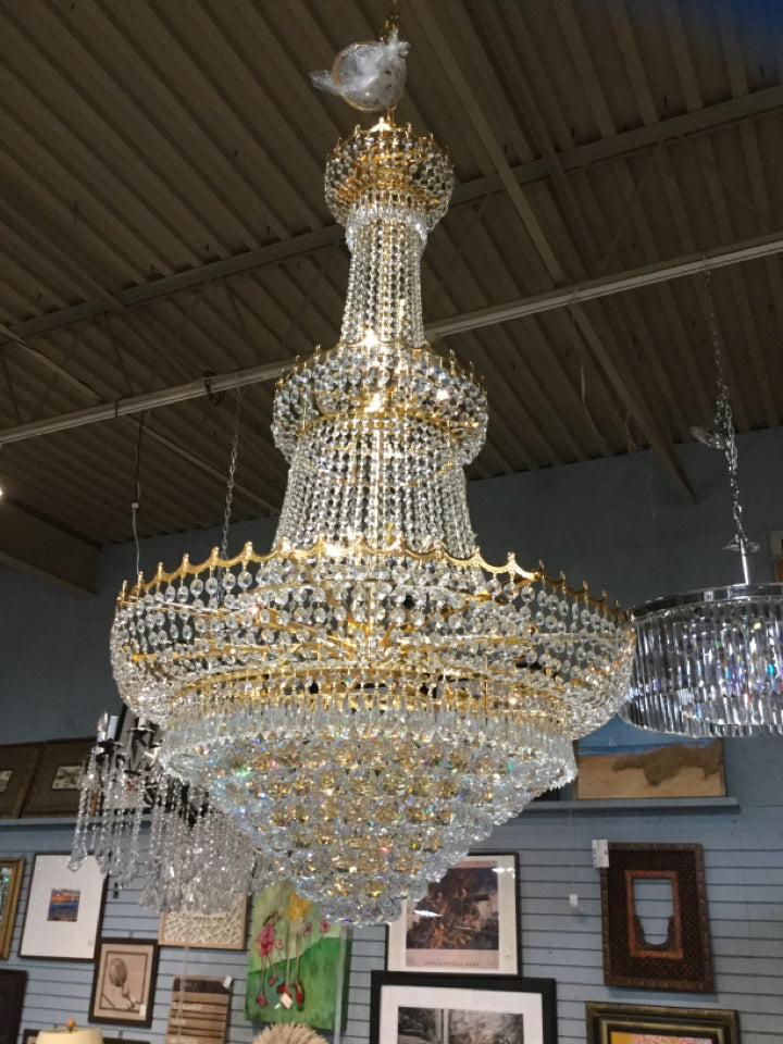 23 Light Crystal & gold 3 tier Chandelier 64" h x 32" W  #5