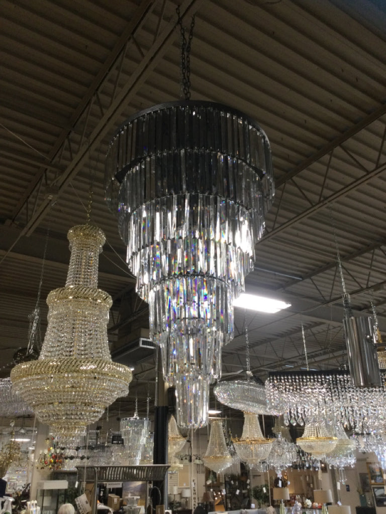 Seven  Tier Long Crystal 30 Light Chandelier-Black Base - 30 W x  50 H