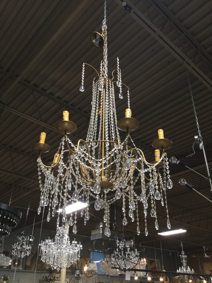 Gold Tone and Crystal Chandelier 8 Bulb 37 H 32 W