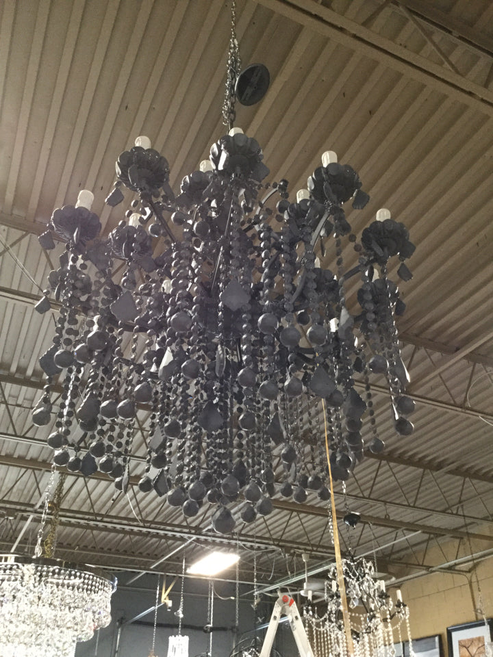 Grey Metal & Glass 2 Tiered Chandelier w/Grey Crystals - 31"W x 37"T