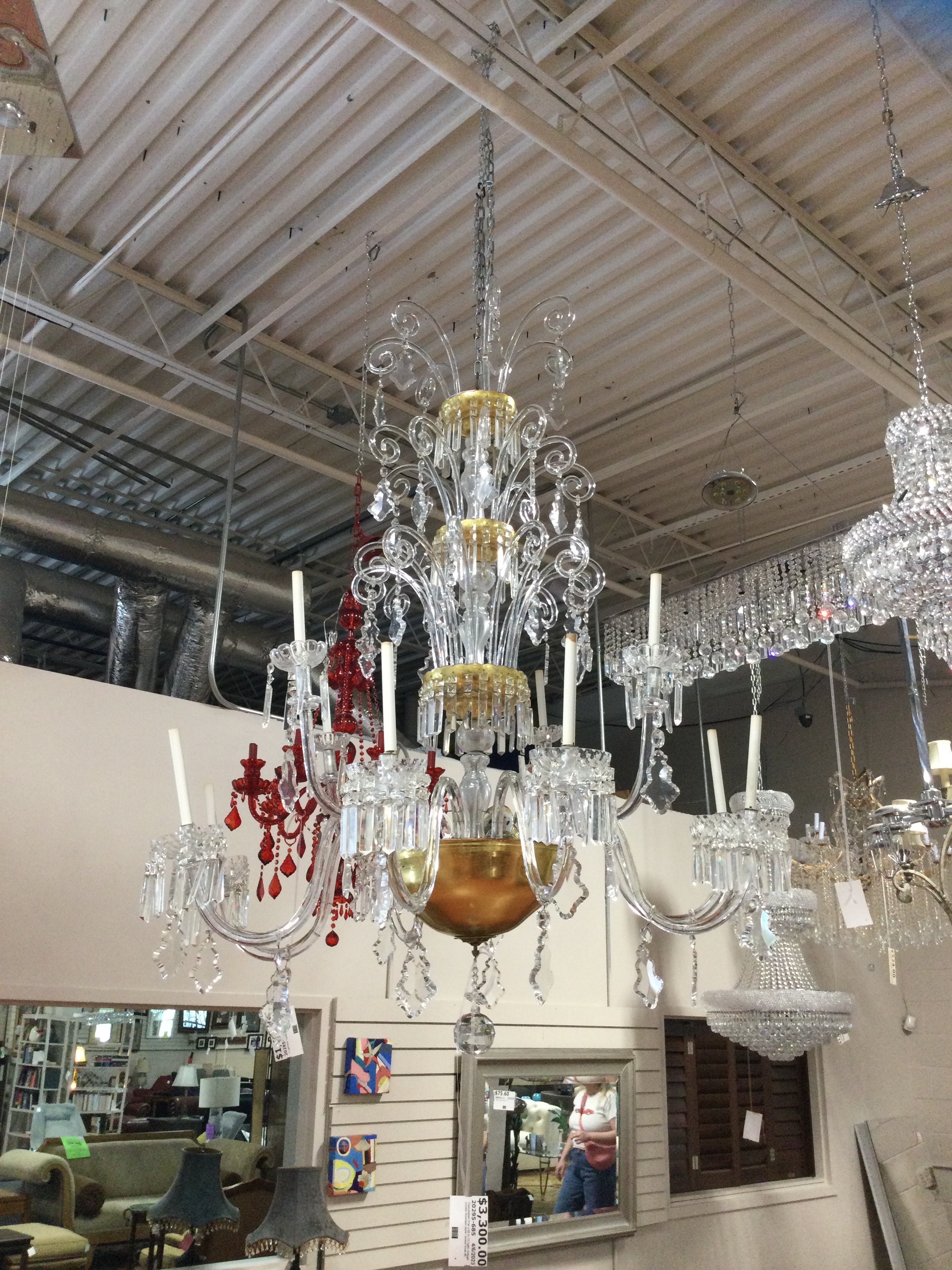 Chandelier/ 51w x 65 hi 12 light vintage crystal fountain style / brass bowl  #5