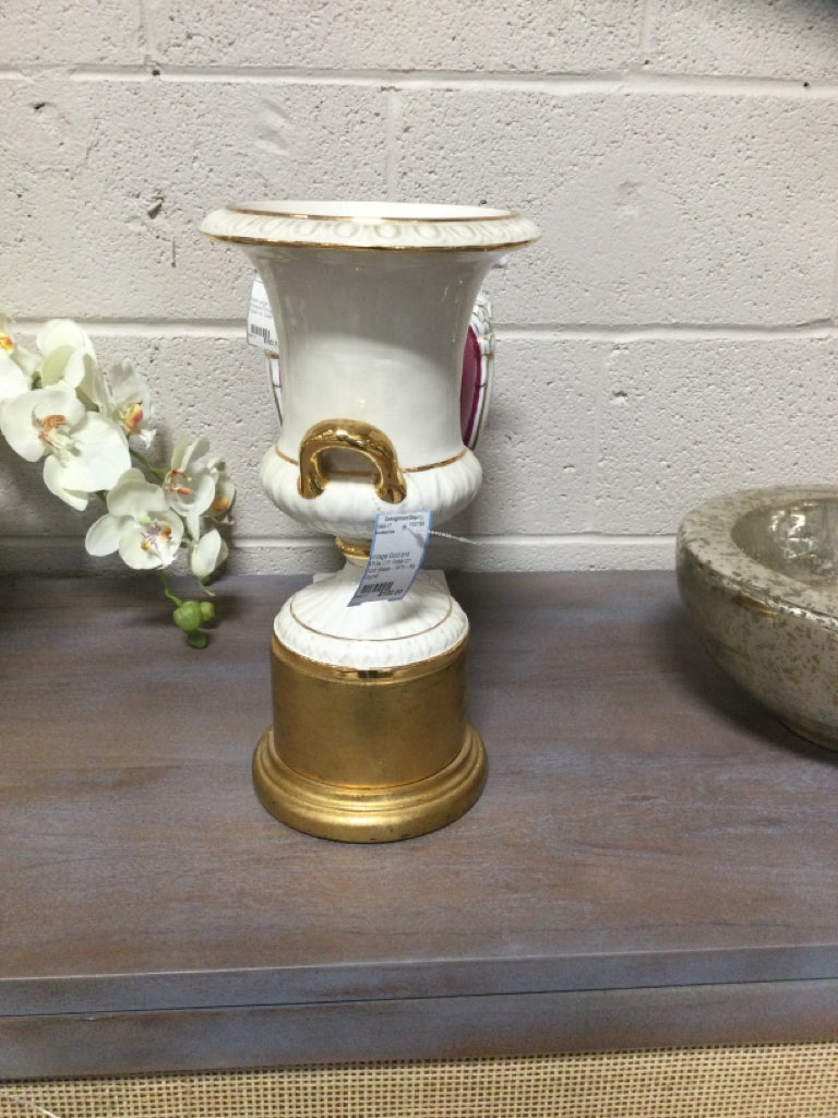 Vintage Gold and White Urn Vase on Gold Base - 14"H - As Found