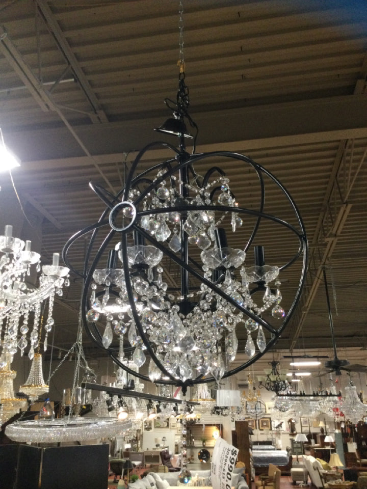 Round Black Wrought Iron w/Crystals and 9 Lights - 26H x 24W
