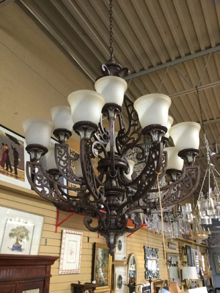 Iron Chandelier w/ 12 Glass Shades