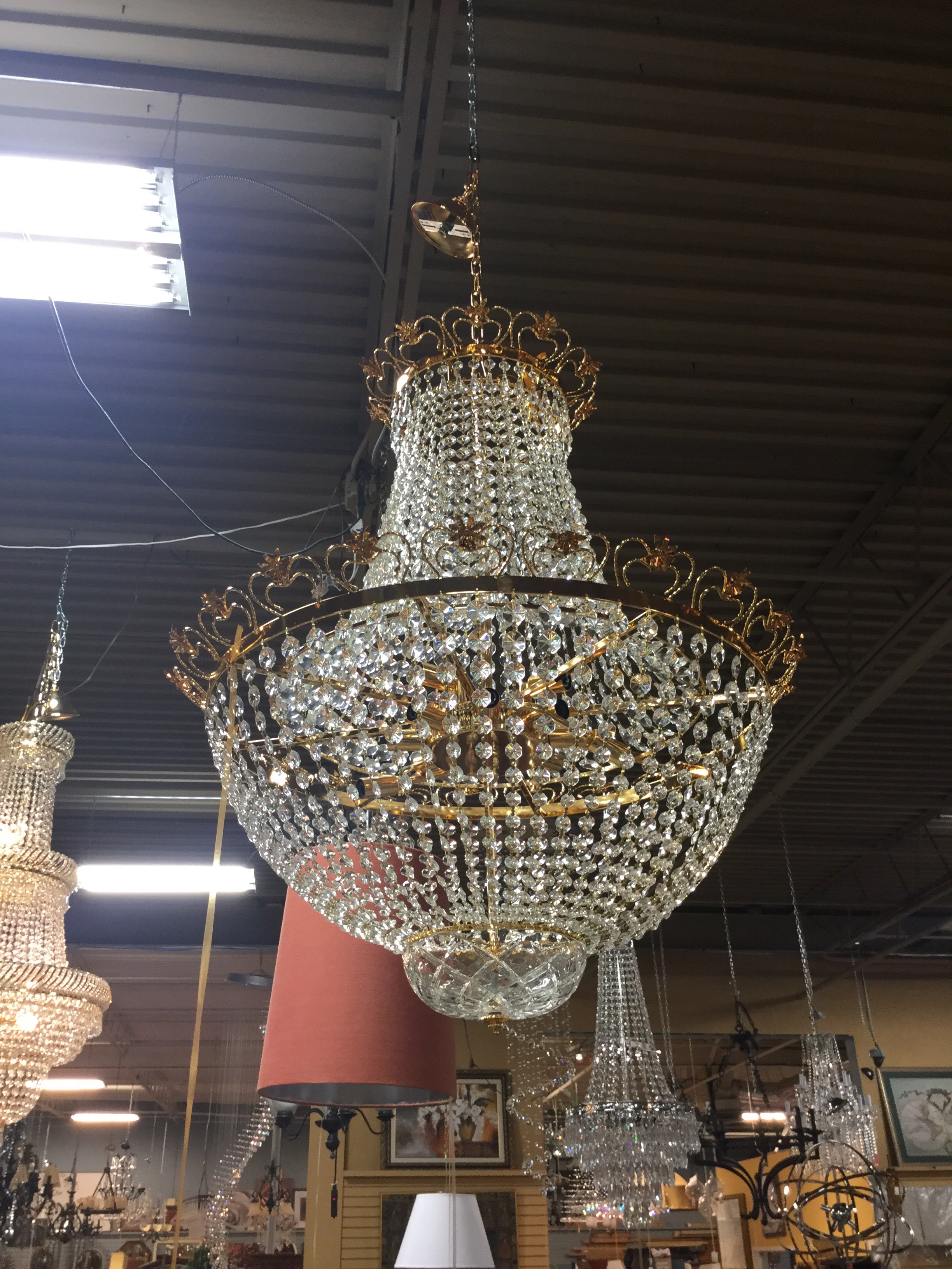Gold and Crystal Chandelier w/Gold Floral Design - 40H 32W