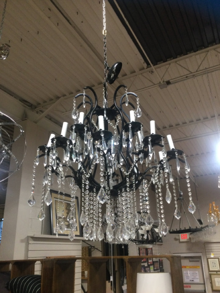 Chandelier/ black iron & crystal 15 light / 31h x 29w (#8)