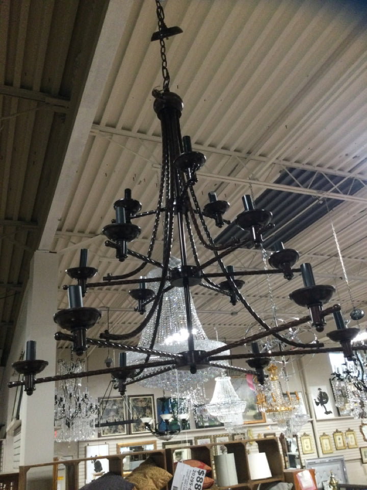 Wrought Iron 3 Tiered Chandelier w/15 Lights - 25W x 30H