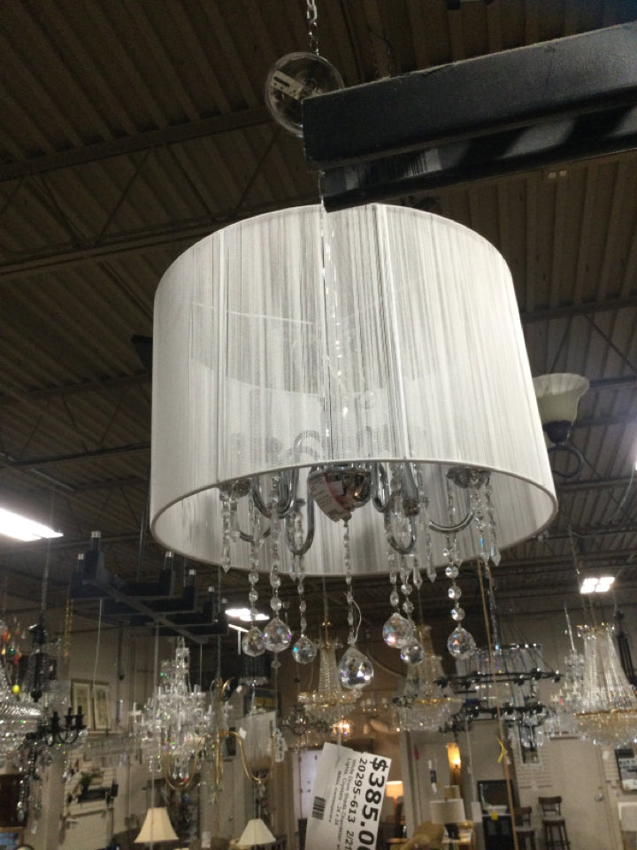 White Drum Shade Chandelier  w/6 Lights, Crystals - 24 x 24