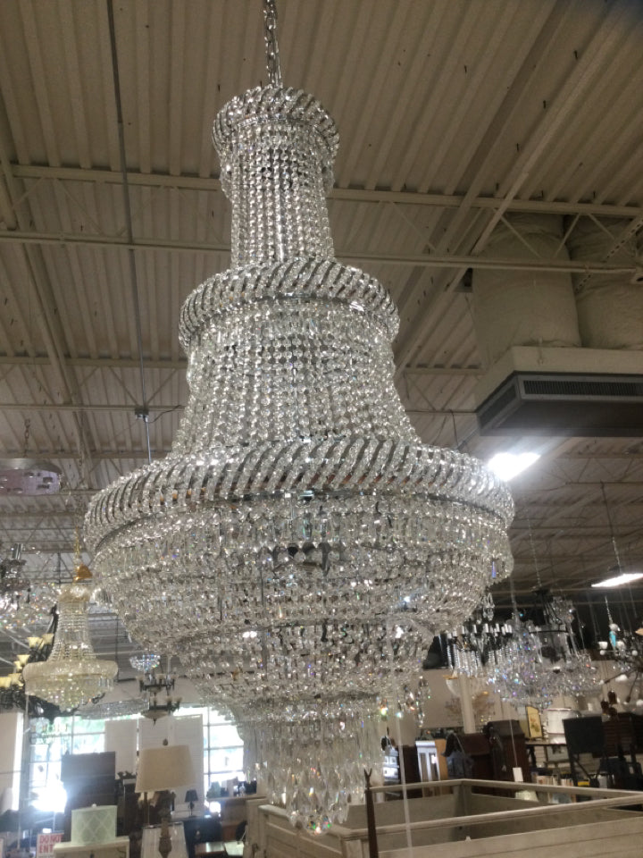 3 Tier Gold And Crystal Chandelier 50" H 27" W
