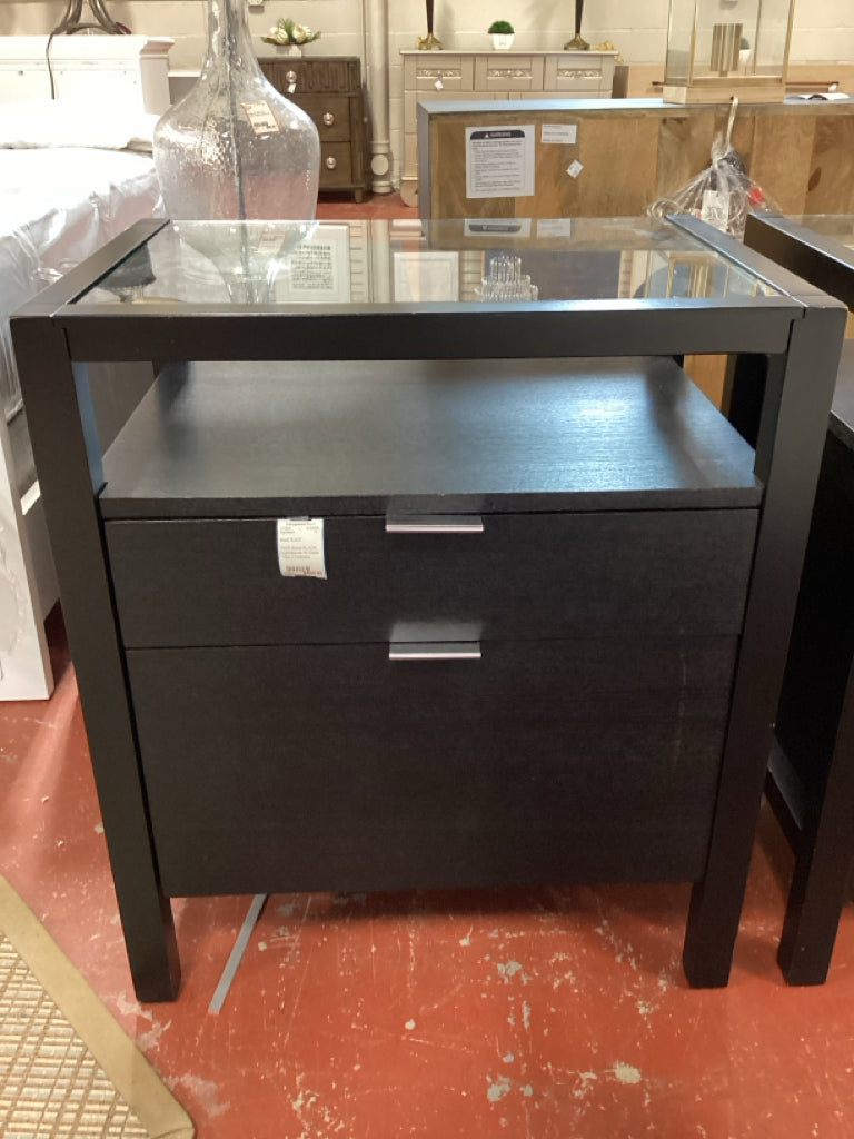 PAIR Wood BLACK Nightstands W Glass Tops 2 Drawers
