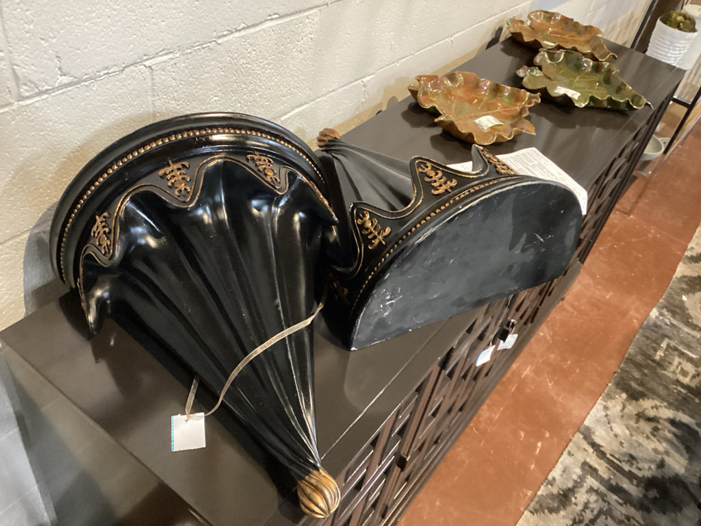 PAIR Black and Gold Solid Wood  ORNATE Sconces