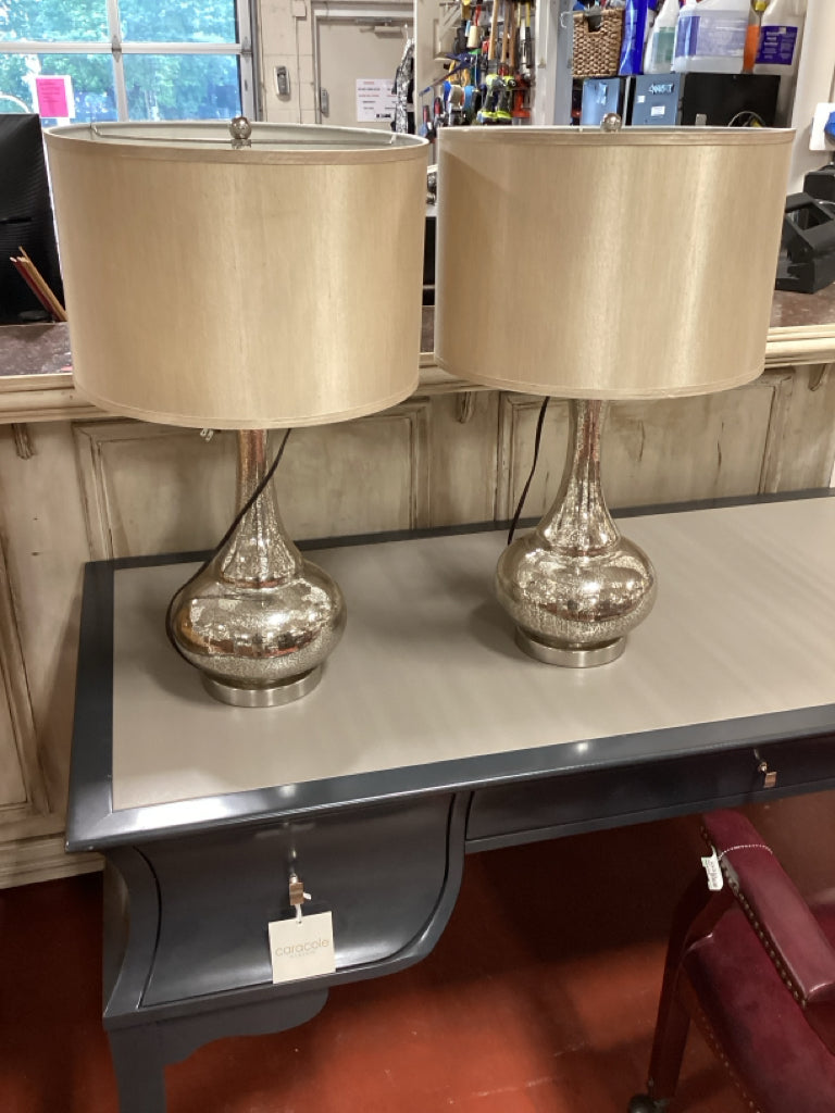 Pair - Contemporary 27" Mercury-Glass/Silver Elegant Transitional Design Lamps