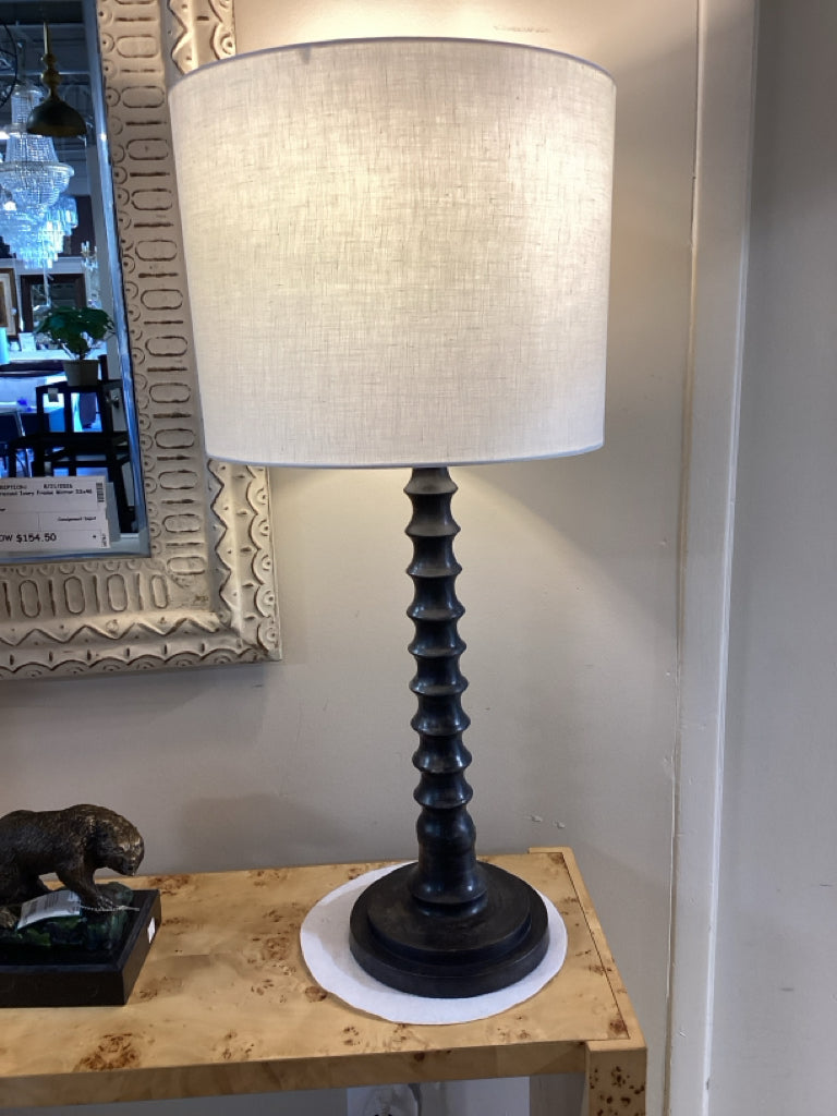 Classic turned wood matte black table lamp / cream shade 32" high