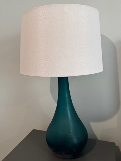 PAIR  Aqua glass lamp with white shade