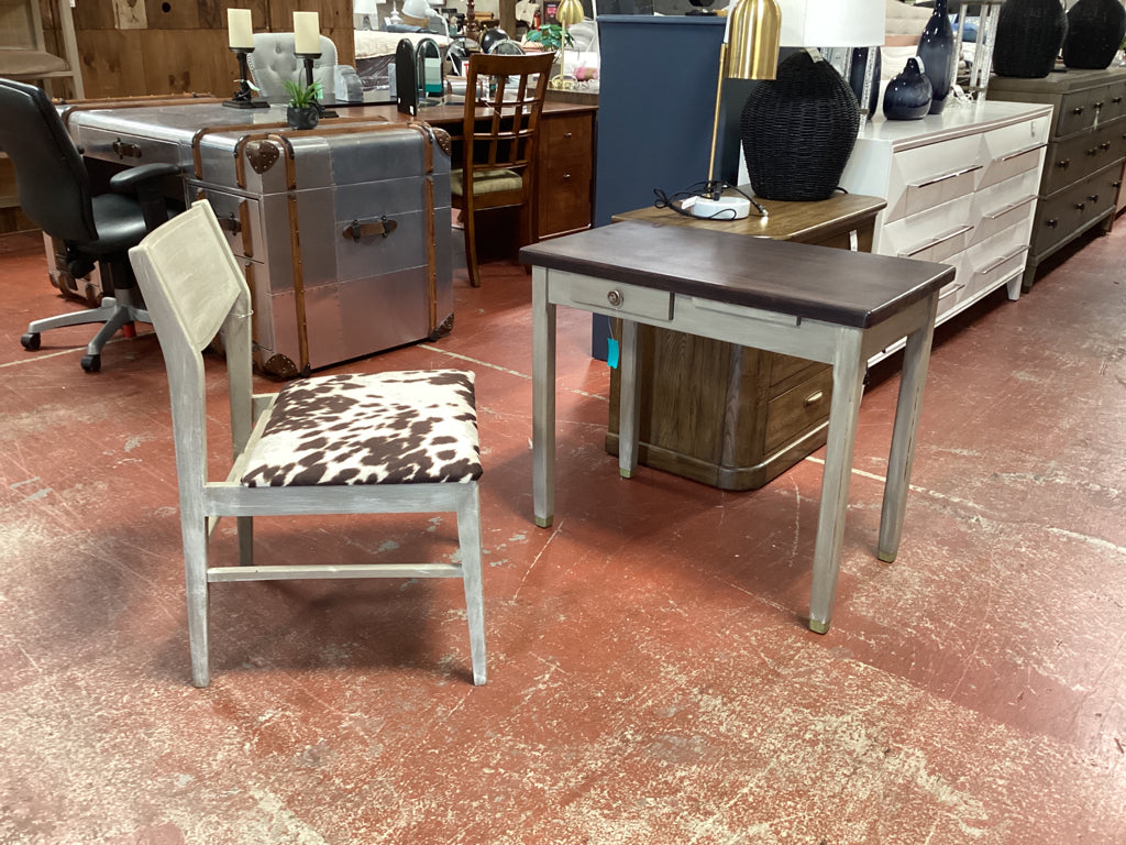 Desk & chair / White washed 1 drawer & pullout/ cowhide seat 32 x 18 x 27 high