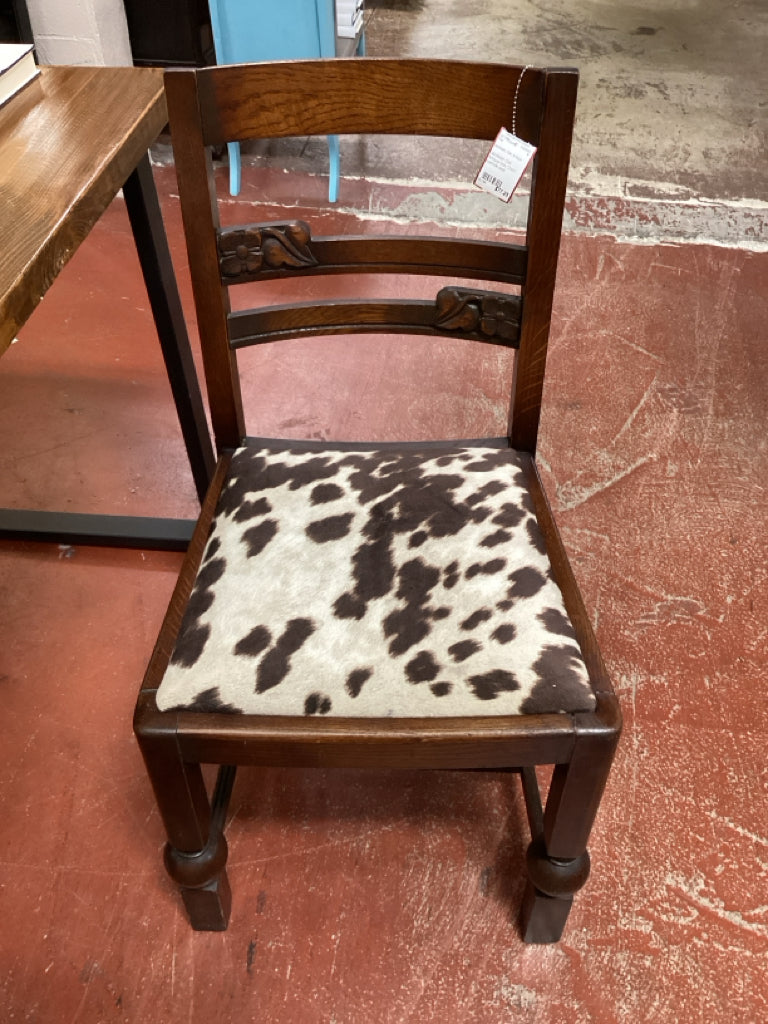 Jacobean Oak Antique side Chair/ cowhide seat