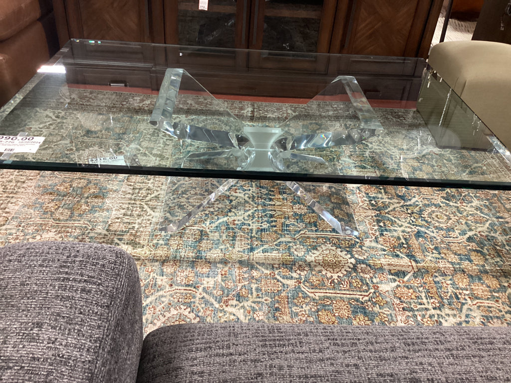 Acrylic criss cross base Table Beveled Glass Top 36W X54"l X 16"tALL