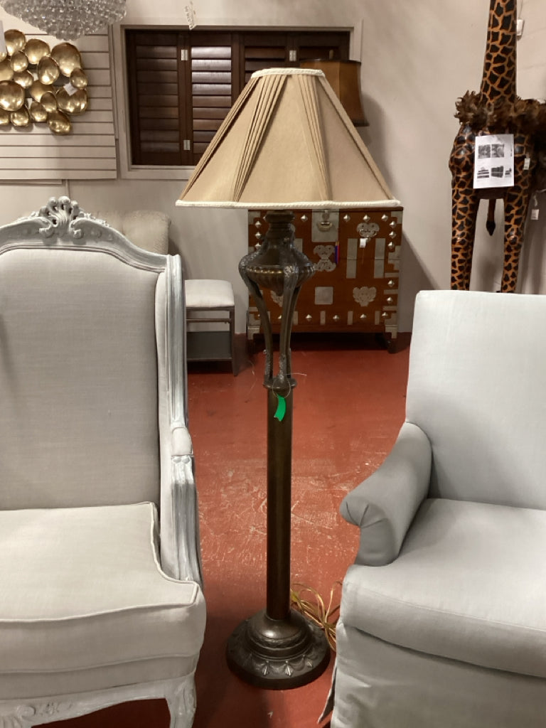 Lighting/ floor lamp/ bronze tone base/ gold silk shade