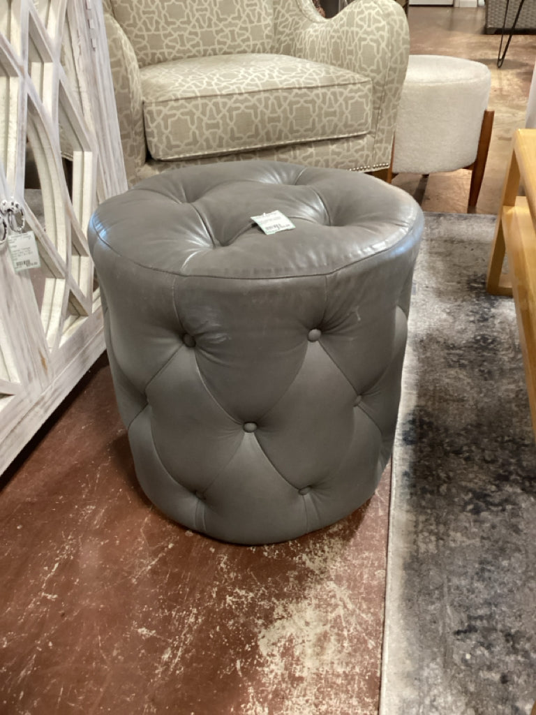 Grey Leather Tufted Ottoman 19" Round 19" H