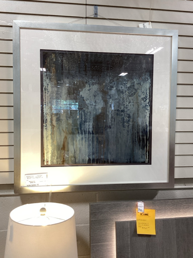 Left Bank Art / blue metallic abstract / silver frame 38 x 38