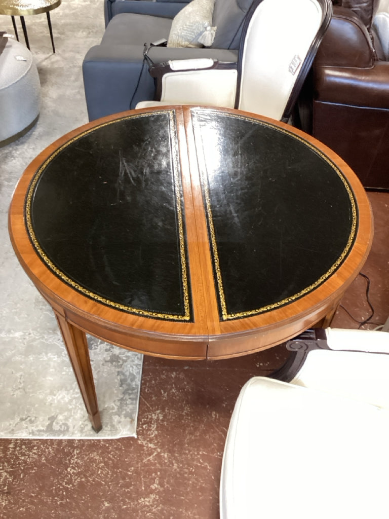 Antique Leather Top Table w/ Tapered Legs & Three 12" Leaves 38"D x 30"H