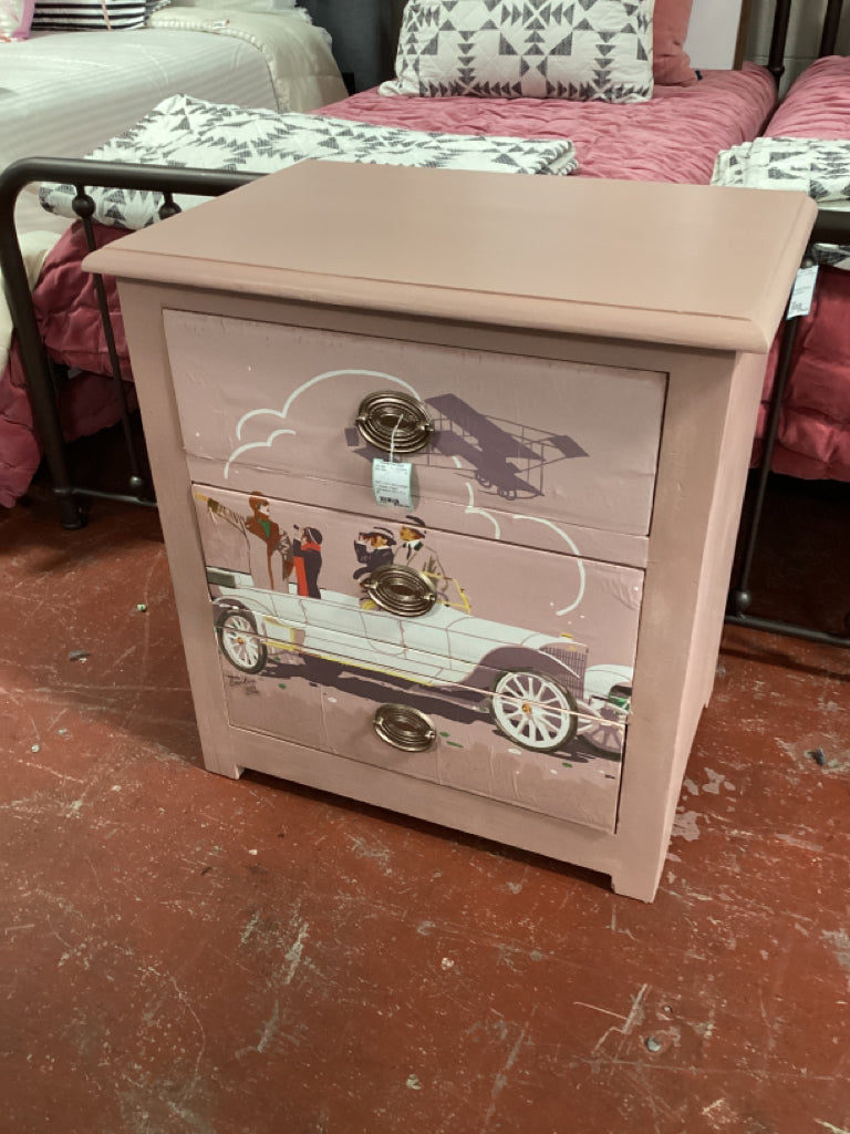 Retro pink decoupage 3 drawer chest/ nightstand 26 x 17 x 32