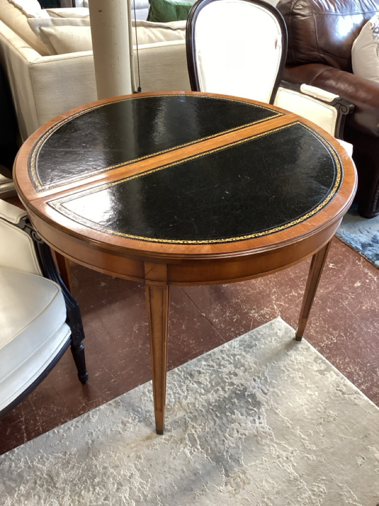 Antique Leather Top Table w/ Tapered Legs & Three 12" Leaves 38"D x 30"H