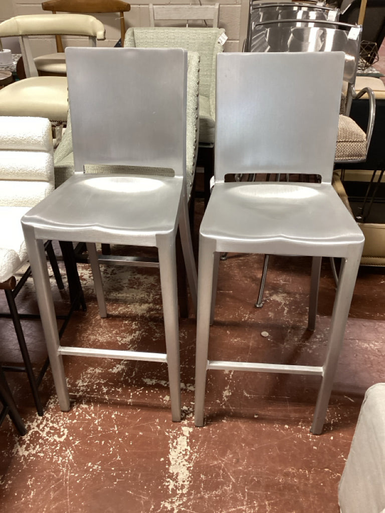 Pair of Emeco Hudson Brushed Aluminum Bar Stools 16"W x 16"D x 42"H