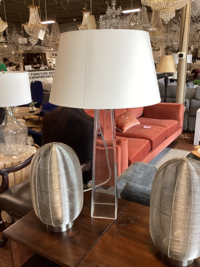 Glass obelisk table lamps  cream shades / 33" high