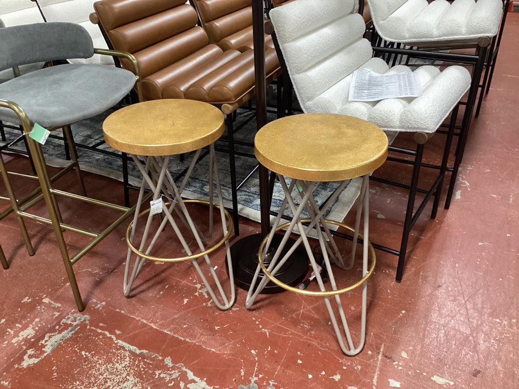 PAIR Lorna Bar Stools / gold leaf counter height / metal base