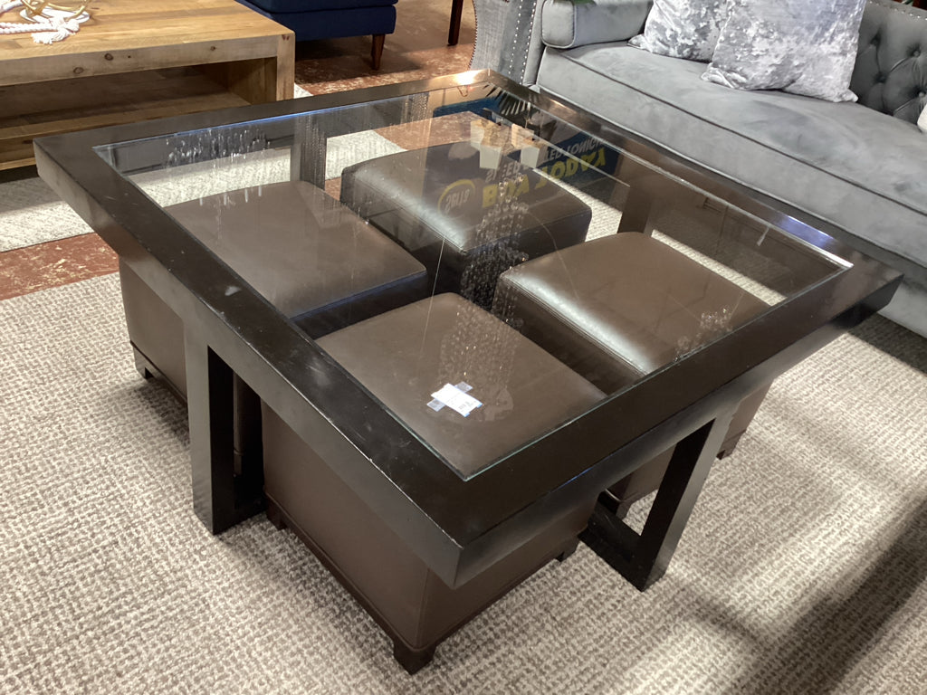 Glass and Wood 48" Coffee Table with 4 Leather Ottomans