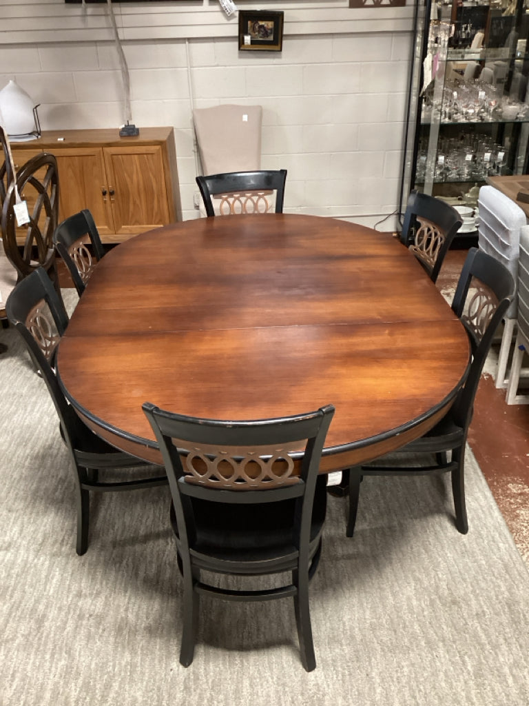 Dining Table 53" round, 1 leaf 23.5" & 6 Chair Set / mahogany & black AS IS